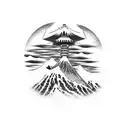 Japanese 100 year devil, embedded in cherry tree, with Japanese building and mountain in background  tattoo design idea