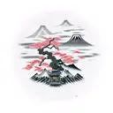 Japanese 100 year devil, embedded in cherry tree, with Japanese building and mountain in background  tattoo design idea