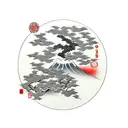 Japanese 100 year devil, embedded in cherry tree, with Japanese building and mountain in background  tattoo design idea