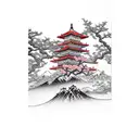 Japanese 100 year devil, embedded in cherry tree, with Japanese building and mountain in background  tattoo design idea