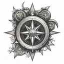 A stylized compass design with a motorcycle wheel as the centerpiece, representing the client's love for travel and riding tattoo design idea