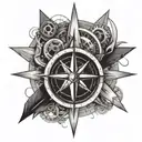 A stylized compass design with a motorcycle wheel as the centerpiece, representing the client's love for travel and riding tattoo design idea