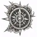 A stylized compass design with a motorcycle wheel as the centerpiece, representing the client's love for travel and riding tattoo design idea