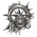A stylized compass design with a motorcycle wheel as the centerpiece, representing the client's love for travel and riding tattoo design idea