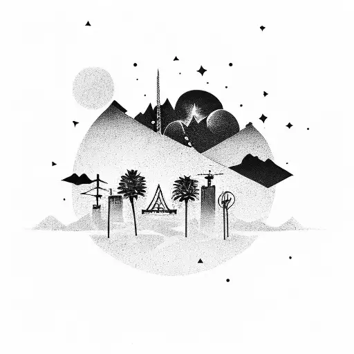 california skyline at night, tall buildings, bright stars, bay bridge tattoo design idea
