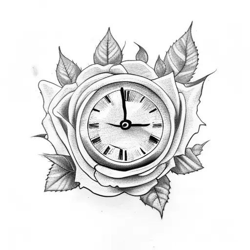 roses with leaves with clock and cross tattoo design idea