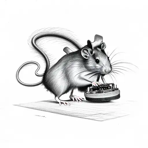 A rat standing on its hind legs playing a red guitar. The rat is inside of a human Skelton, placed behind the rib cage.  tattoo design idea