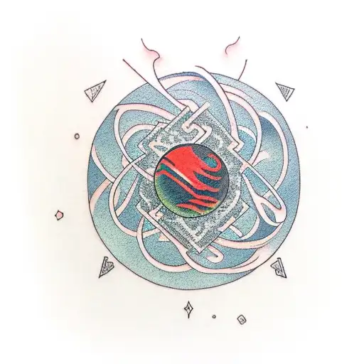 simple open book with levitating atom above it tattoo design idea