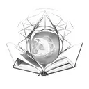 open book with levitating atom above it tattoo design idea