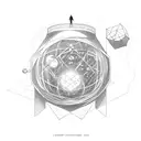 open book with levitating atom above it tattoo design idea