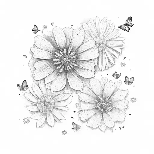 A cluster of marigold and daisey flowers with butterflies fluttering around them tattoo design idea