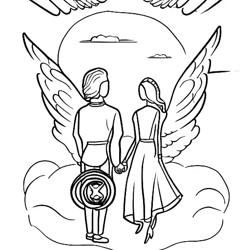 man & woman holding leash connected to little dog w/wings & halo dashing into heart shape sunset horizon line tattoo design idea