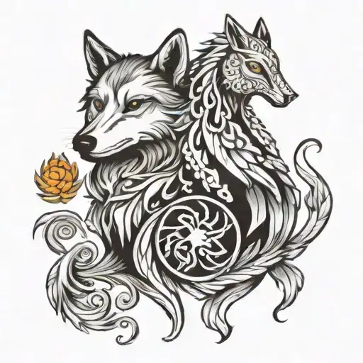 A wolf and phoenix together black and white tribe  small  tattoo design idea