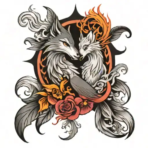 A wolf and phoenix together black and white small  tattoo design idea