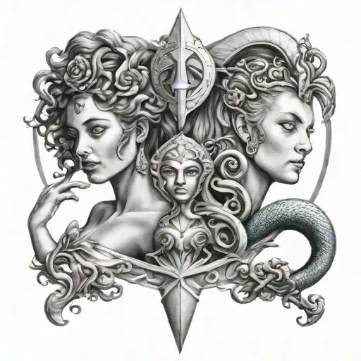 combined Virgo, Aquarius and Aries zodiac sign tattoo design idea