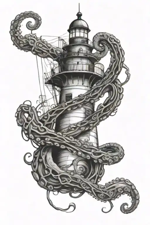 An octopus tangled in fishing lines with a lighthouse in the background tattoo design idea