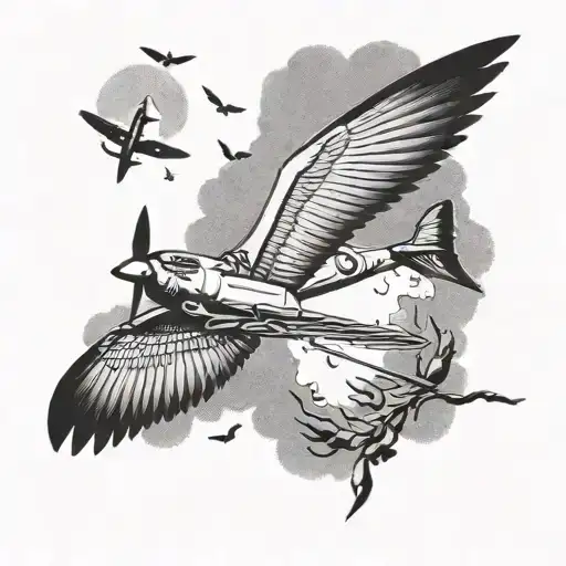 A dotwork design featuring a majestic spitfire airplane soaring over a flock of birds tattoo design idea