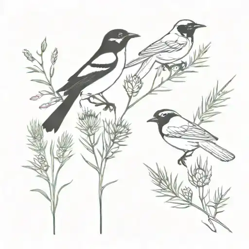 two magpies and some thistle and lavender tattoo design idea