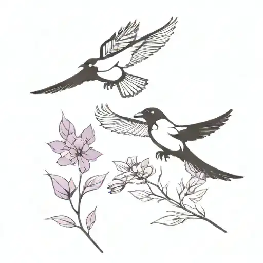 two magpies flying toward each other surrounded by purple flowers tattoo design idea