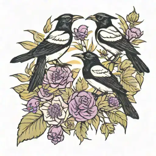 two magpies and some thistle and lavender tattoo design idea