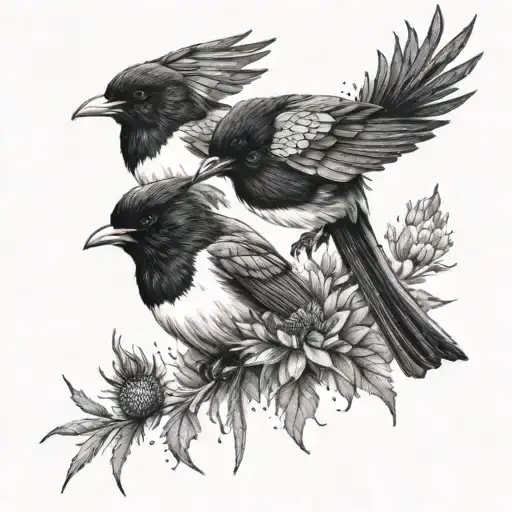 two magpies and some thistle and lavender tattoo design idea