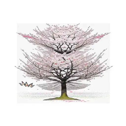 A majestic cherry blossom tree with delicate petals falling and transforming into butterflies tattoo design idea