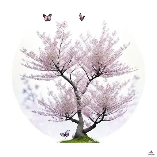 A majestic cherry blossom tree with delicate petals falling and transforming into butterflies tattoo design idea