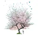 A majestic cherry blossom tree with delicate petals falling and transforming into butterflies tattoo design idea
