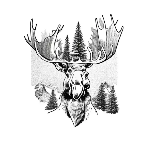 a moose head transitioning into a mountain covered in pine trees.  tattoo design idea