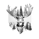 a moose head transitioning into a mountain covered in pine trees.  tattoo design idea