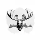 a moose head transitioning into a mountain covered in pine trees.  tattoo design idea