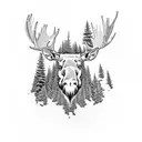 a moose head transitioning into a mountain covered in pine trees.  tattoo design idea