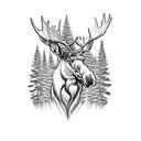 a moose head transitioning into a mountain covered in pine trees.  tattoo design idea