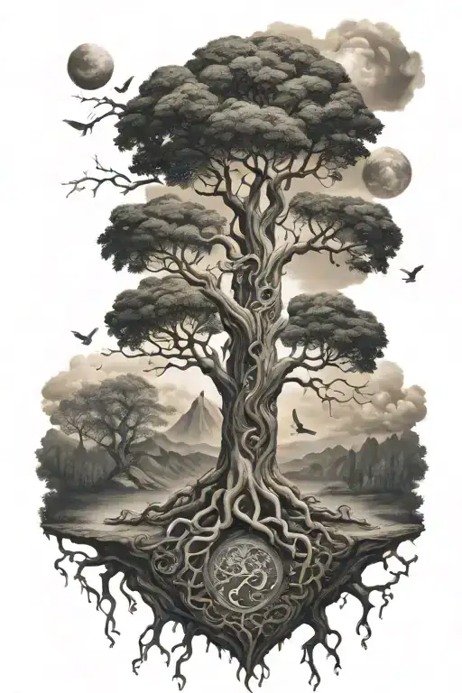 yggdrasil tree with the 9 worlds of the nordic mythology tattoo design idea