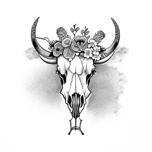 Long horn cow skull with flowers  tattoo design idea