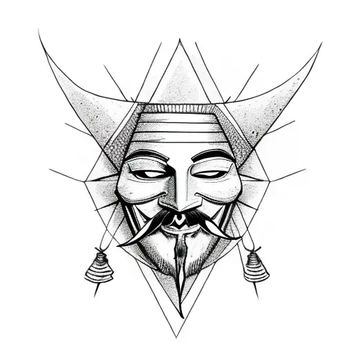 Guy Fawkes mask, the All-Seeing Eye from the Illuminati symbol subtly integrated into the mask's design. Minimalist and  tattoo design idea