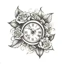 clock with roses around it  tattoo design idea