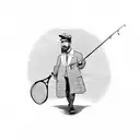 A salesman holding a paddle tennis racket and a fishing rod tattoo design idea