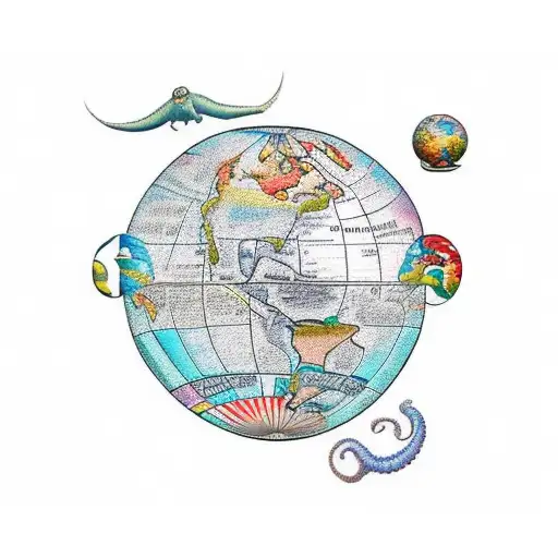 sailor jerry globe map with small sea monsters scattered around the map tattoo design idea