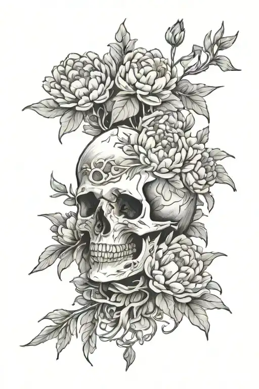 mountains trees stream peonies skull tattoo design idea