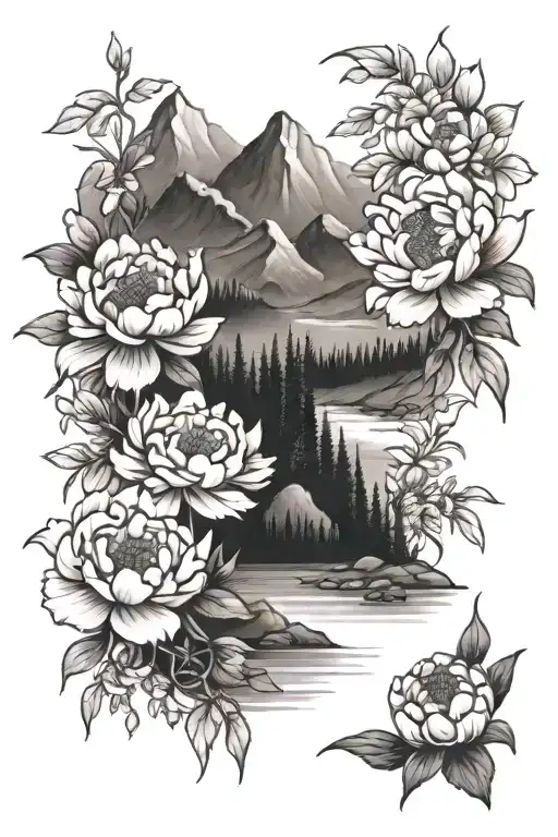 mountains trees stream peonies flower tattoo tattoo design idea