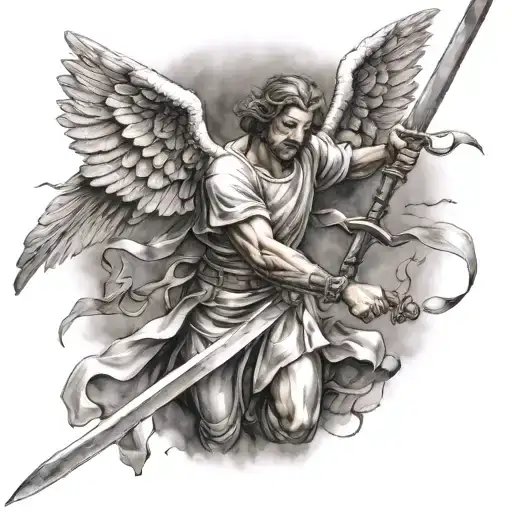 angel Gabriel fighting with swords tattoo design idea