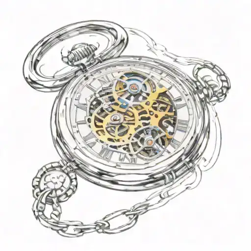 A pocket watch with a transparent face showing complex clockwork inside, surrounded by a swirling vortex that gives the  tattoo design idea