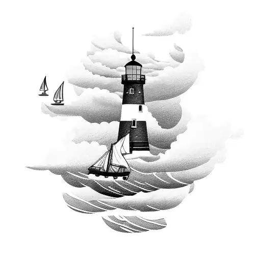 A Sail boat in a storm with a lighthouse in the background  tattoo design idea