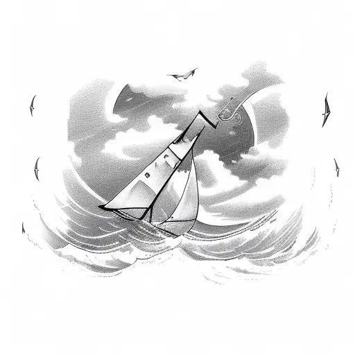 A Sail boat in a storm with a lighthouse in the background  tattoo design idea