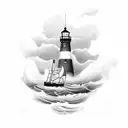 A Sail boat in a storm with a lighthouse in the background  tattoo design idea