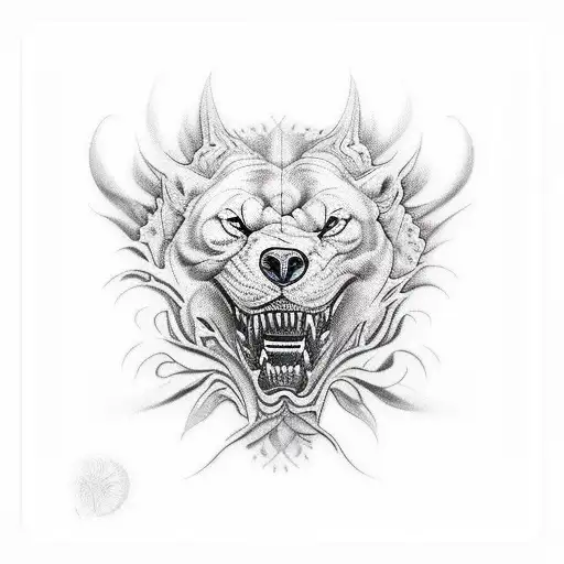 guereiro segurando espadas com cabeca de dois lobos diferentes aos  seus pés com grilhoes  tattoo design idea