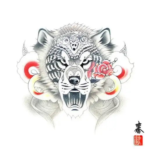 guerrei com dois lobos diferentes e grilhoes nas pernas tattoo design idea