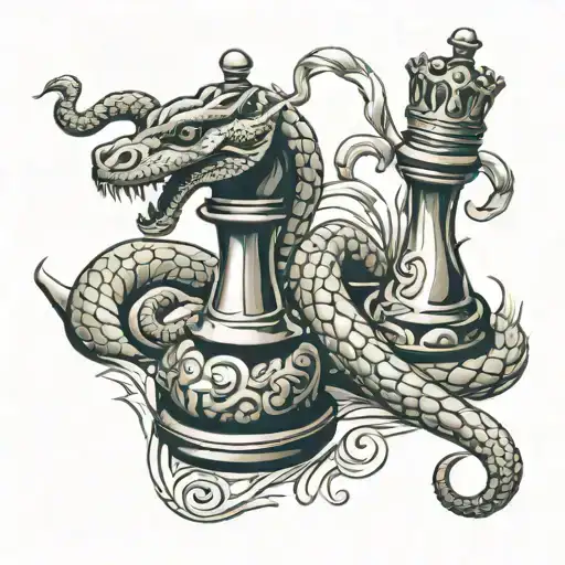 2 snakes king and queen chess piece tattoo design idea