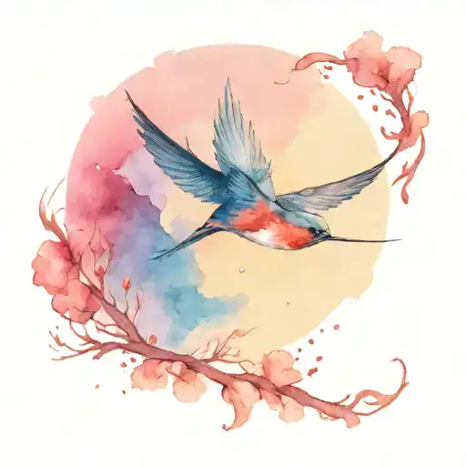 swallow bird flying, red sky at night tattoo design idea